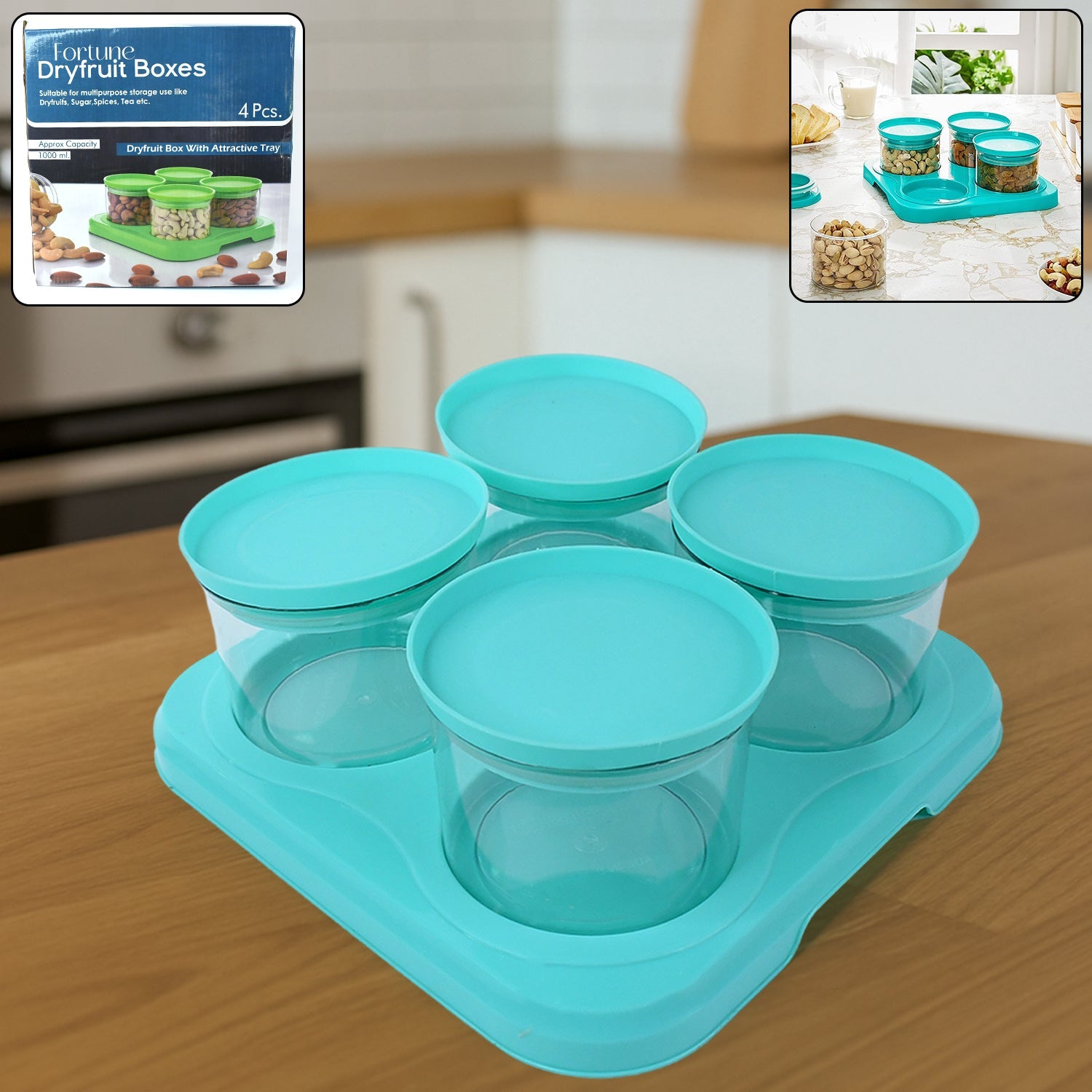 Airtight Container Jar 4 Pc Set With Stylish Tray for Kitchen Unbreakable Jar Set for Multipurpose Storage ( Mukhwas Dani ) Airtight Container Jar 4 Pc Set With Stylish Tray for Kitchen Unbreakable Jar Set for Multipurpose Storage ( Mukhwas Dani )